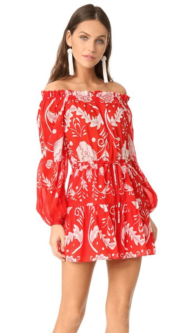 bright red and white floral print dress