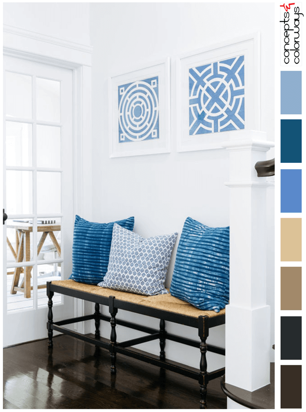 interior color palette with blue and brown accents