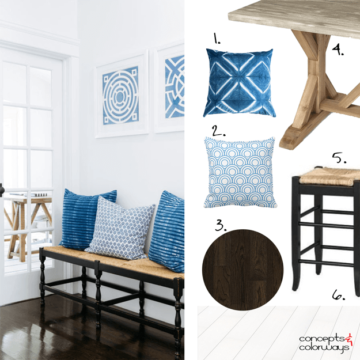 white interior with natural wood and blue accents