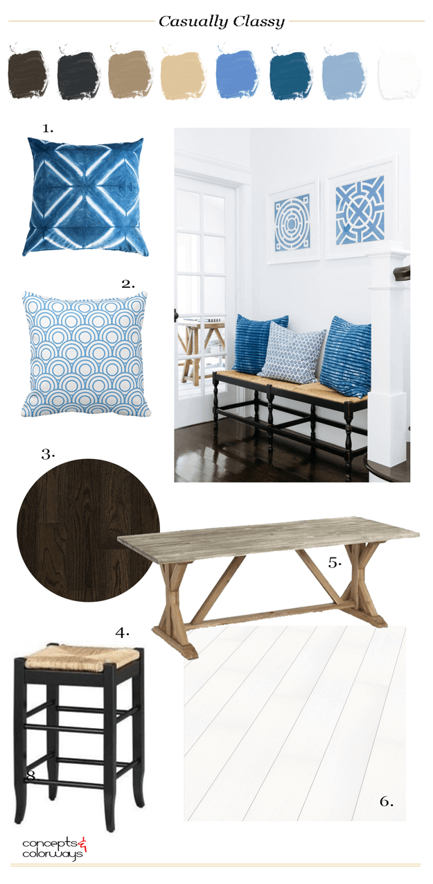 white interior mood board with natural wood and blue accents