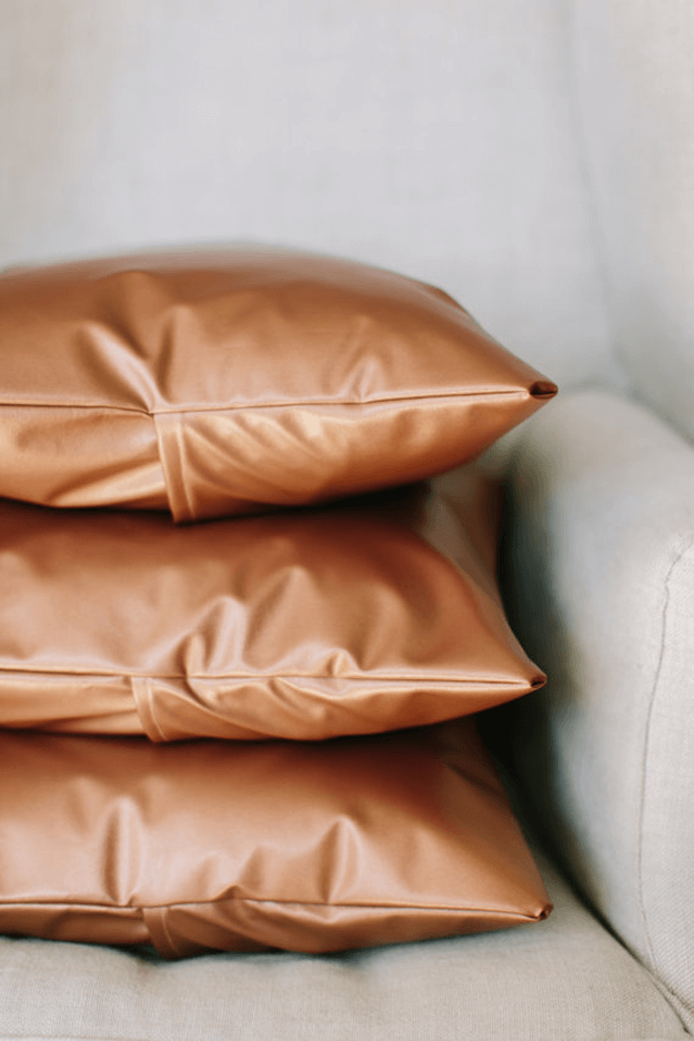 metallic copper faux leather pillows