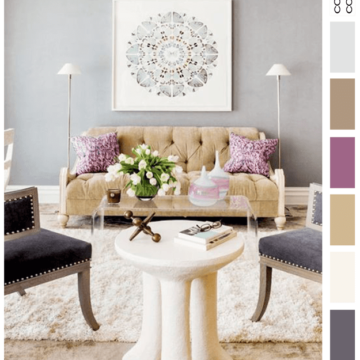 gray living room with purple and gold accents