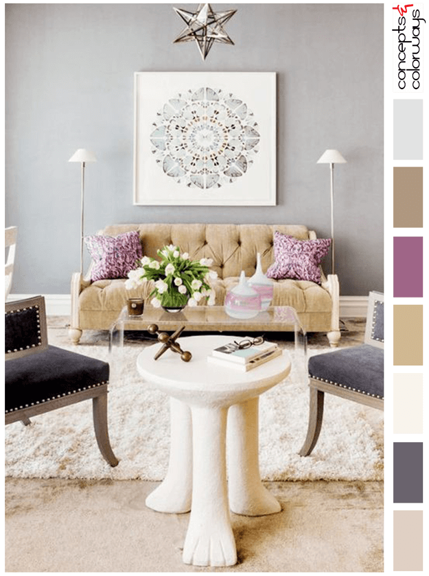 gray living room with purple and gold accents