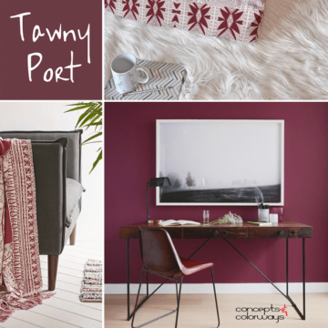 burgundy home office with reclaimed wood table