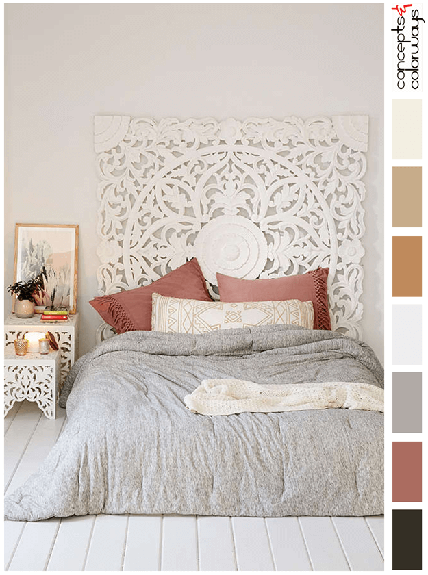 bedroom interior color palette with faded red accent