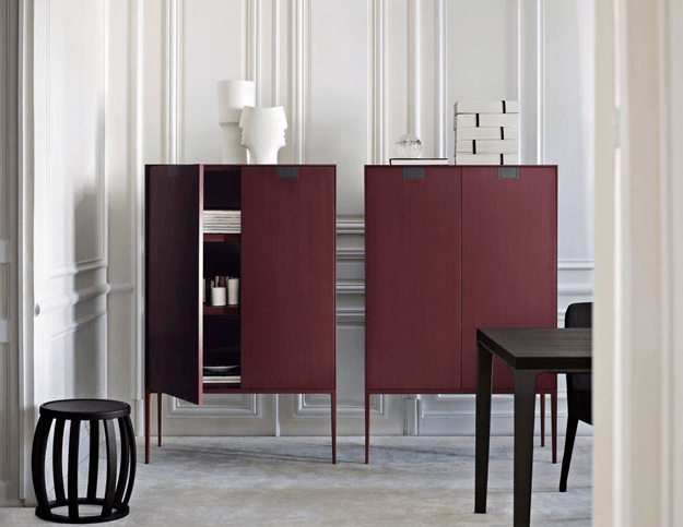 modern burgundy cabinets in white room