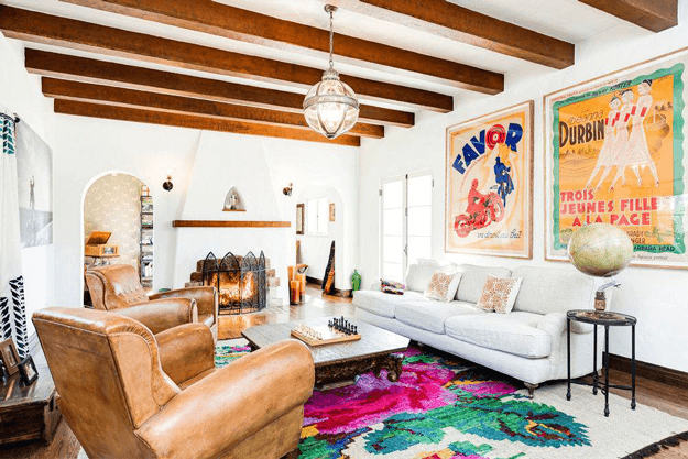 white living room with colorful accents