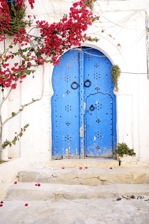 Tunisia door blue arched door red flowers