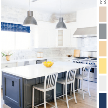 white kitchen with navy blue accents