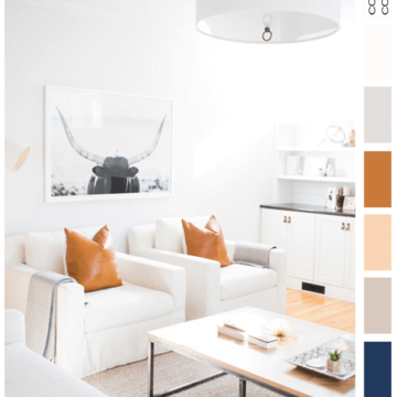 white living room with burnt orange and indigo accents