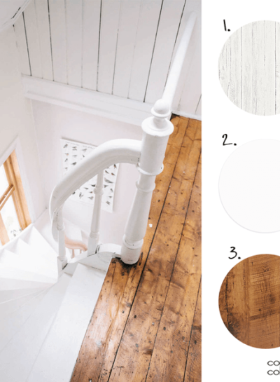 A WHITE COTTAGE STYLE STAIRWELL WITH RECLAIMED WOOD ACCENTS