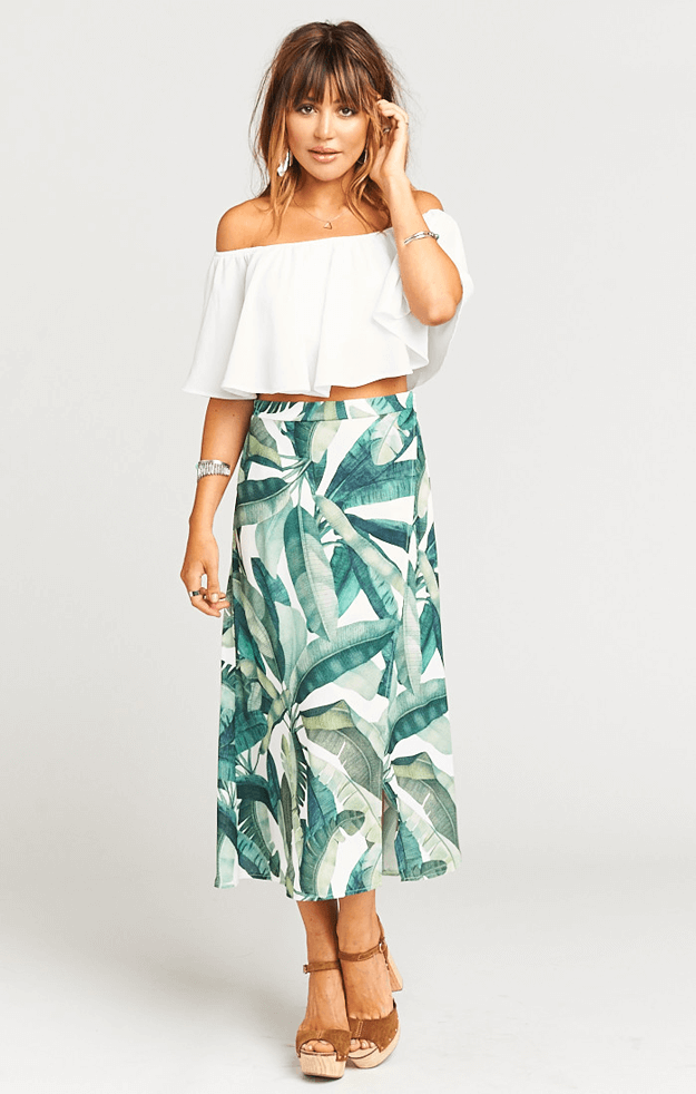 banana leaf print skirt with white top