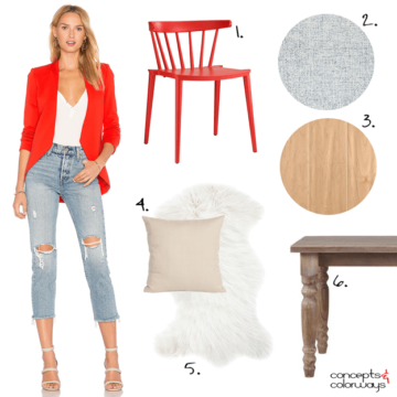 dining room with bright red and faded denim accents