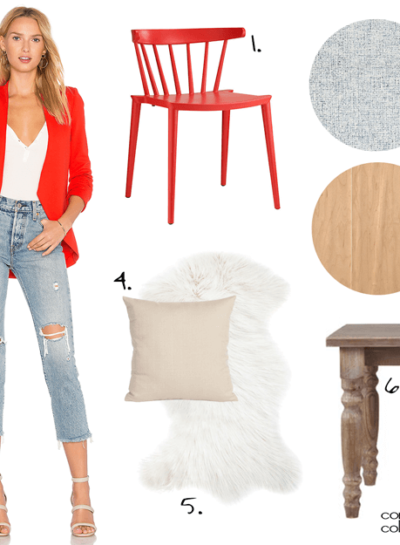 A DINING ROOM WITH BRIGHT RED AND FADED DENIM ACCENTS