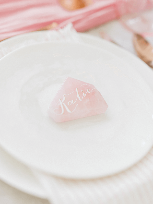 rose quartz on white plate