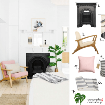 white bedroom with blush pink and light wood