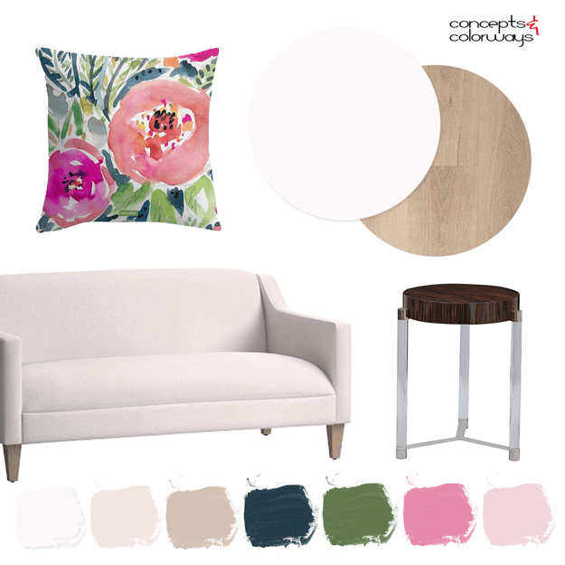 blush pink interior with colorful floral pillow