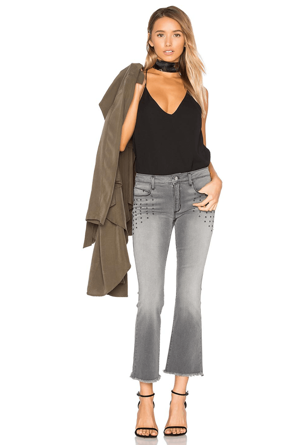 faded gray denim crop pants with black tank top