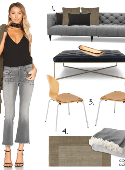 A GRAY AND BLACK LIVING ROOM WITH MAPLE AND KHAKI BROWN ACCENTS