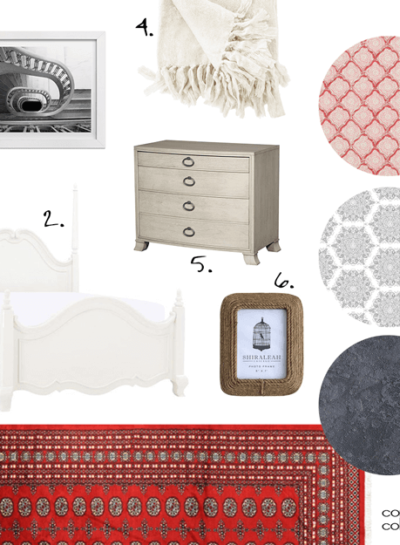 A DREAMY WHITE BEDROOM WITH BRIGHT RED RUG