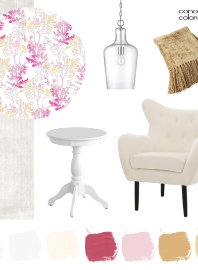A PALE GRAY INTERIOR WITH GOLD AND PINK ACCENTS