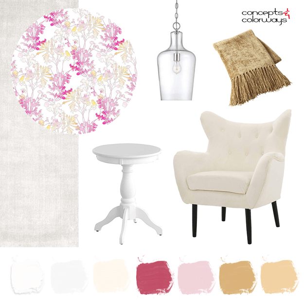 interior mood board with pink and gold accents