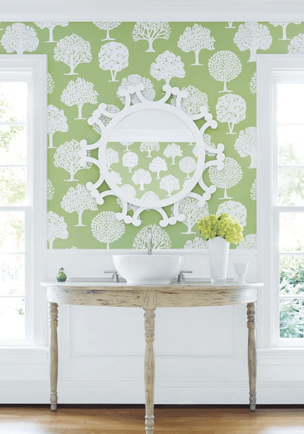 apple green and white tree print wallpaper