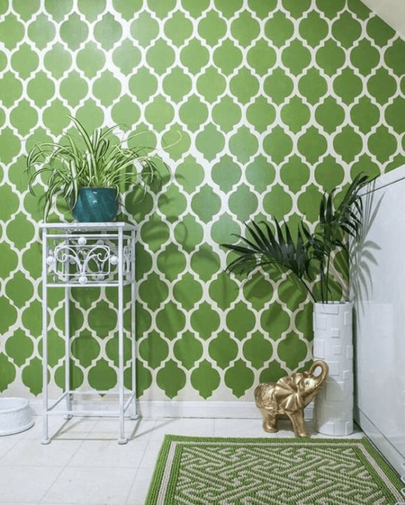 apple green patterned wallpaper with white floor