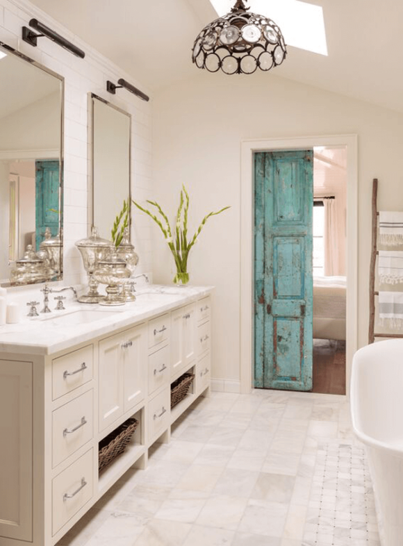 bathroom with rustic turquoise barn door