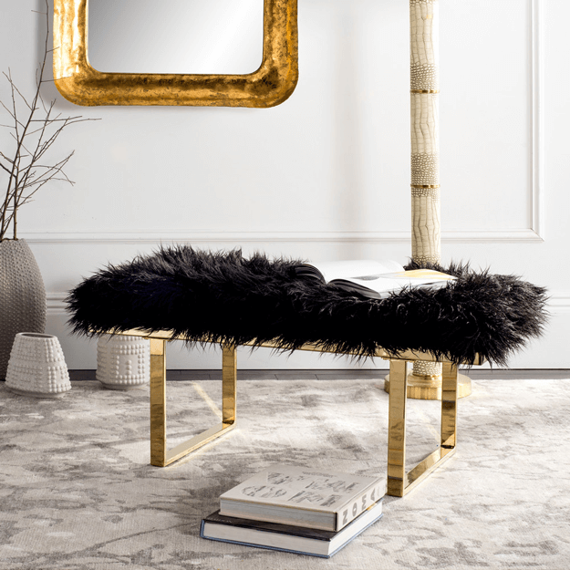 black faux sheepskin bench with metal base