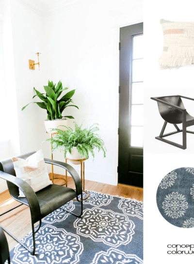 A WHITE FARMHOUSE INTERIOR WITH SLATE BLUE RUG AND GREEN PLANTS