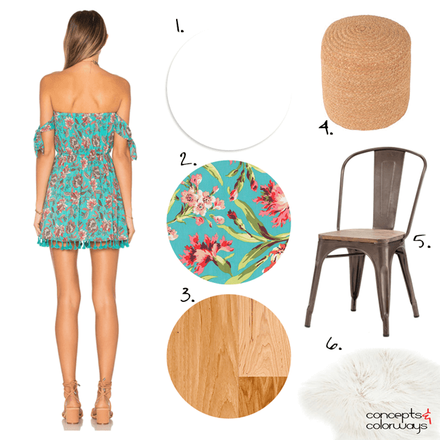 interior design mood board with turquoise floral print fabric