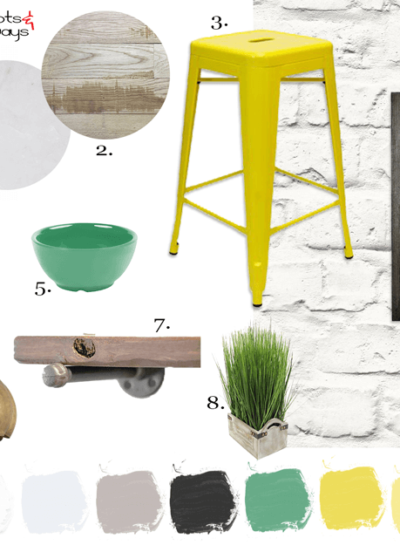 AN INDUSTRIAL STYLE KITCHEN WITH BRIGHT YELLOW STOOLS