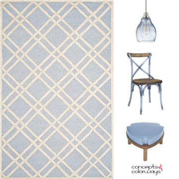 A periwinkle blue interior design product roundup card, sky blue, baby blue