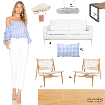 blue gingham off the shoulder top with white jeans