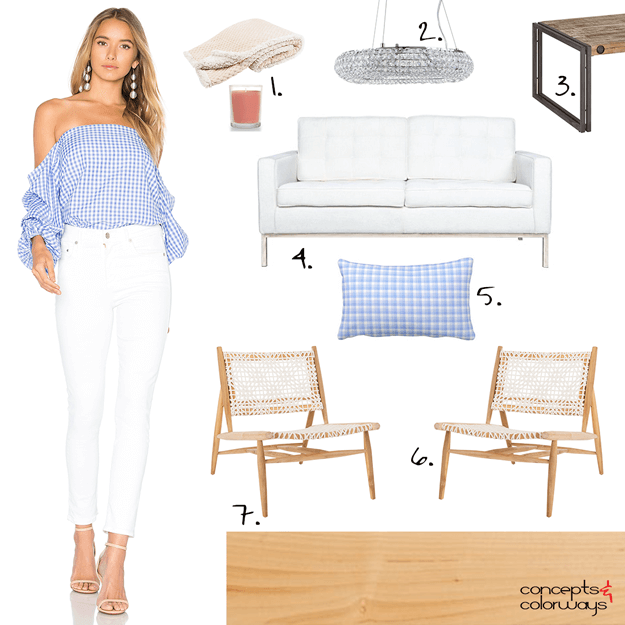 blue gingham off the shoulder top with white jeans