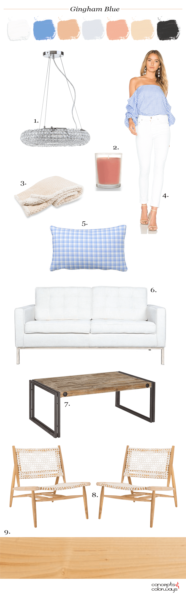 blue and white living room, blue and white decor, blue gingham pillow, blue gingham off the shoulder top with white jeans, gingham blue, blue gingham, 