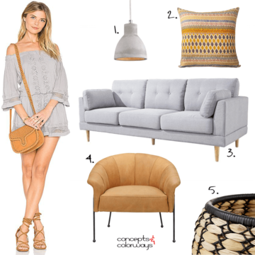 dove gray and golden orange interior design mood board, gray and orange, golden orange, gray and gold, woven baskets, black accent, caramel leather, caramel brown, rustic oak flooring, gray rug, gray sofa, orange pillow, industrial pendant lighting, industrial lighting, dove gray, pantone harbor mist