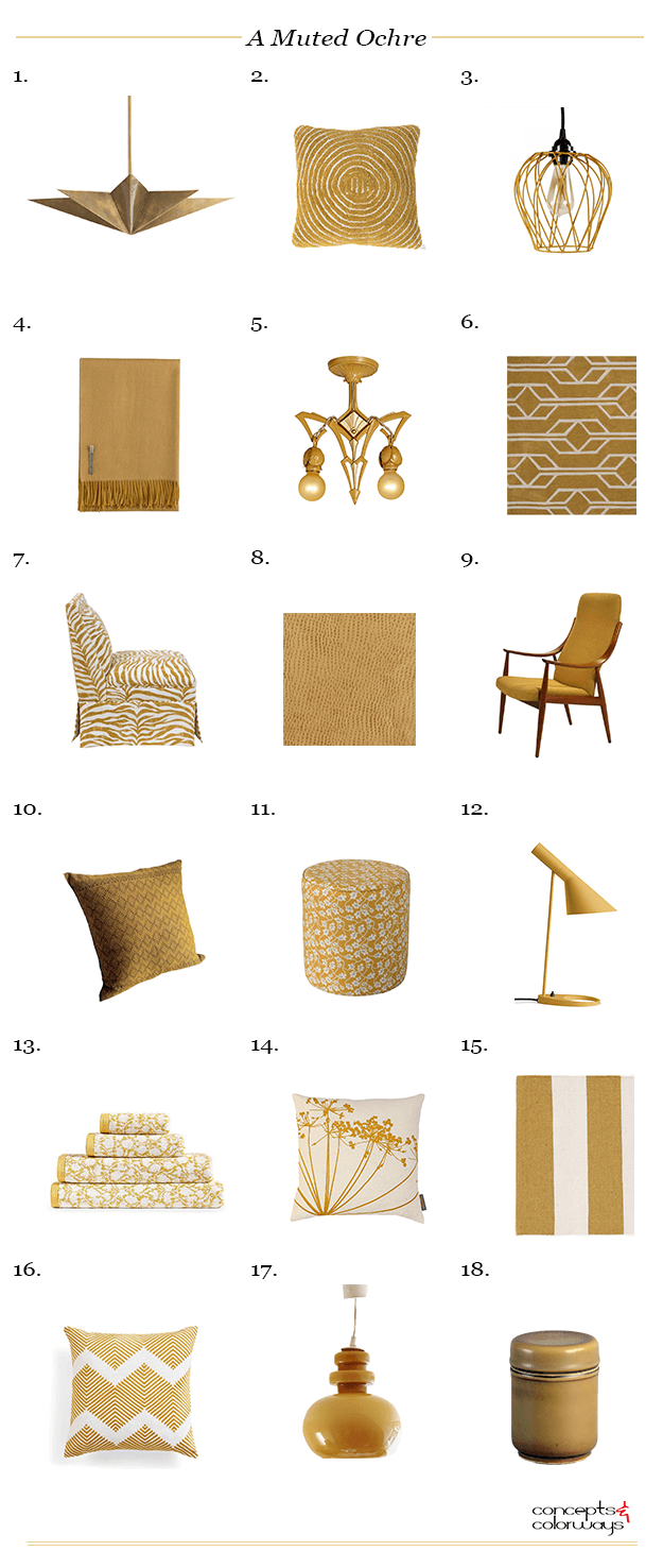 a muted ochre interior design color trend, ochre, ochre color, yellow ochre, mustard yellow product roundup