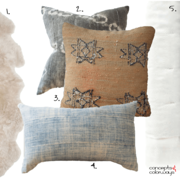 copper and blue, vintage, vintage fabric, mudcloth, kilim, faded indigo, slate blue, copper brown, charcoal grey, ivory, light tan, sheepskin, pillow set