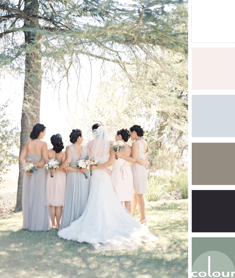 pastel color palette, blush pink, pale pink, dove gray, grayish brown, sage green, wedding color palette, black, white, pantone harbor mist