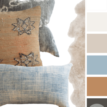 copper and blue color palette, faded indigo, slate blue, copper brown, charcoal grey, ivory, light tan, sheepskin, vintage, vintage fabric, mudcloth, kilim