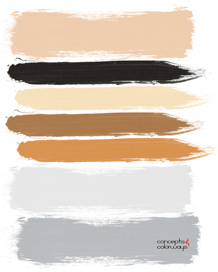 dove gray and golden orange paint palette, dove gray, stone gray, pantone harbor mist, light gray, warm gray, golden brown, golden orange, blonde, caramel brown, black, beige, gray and orange