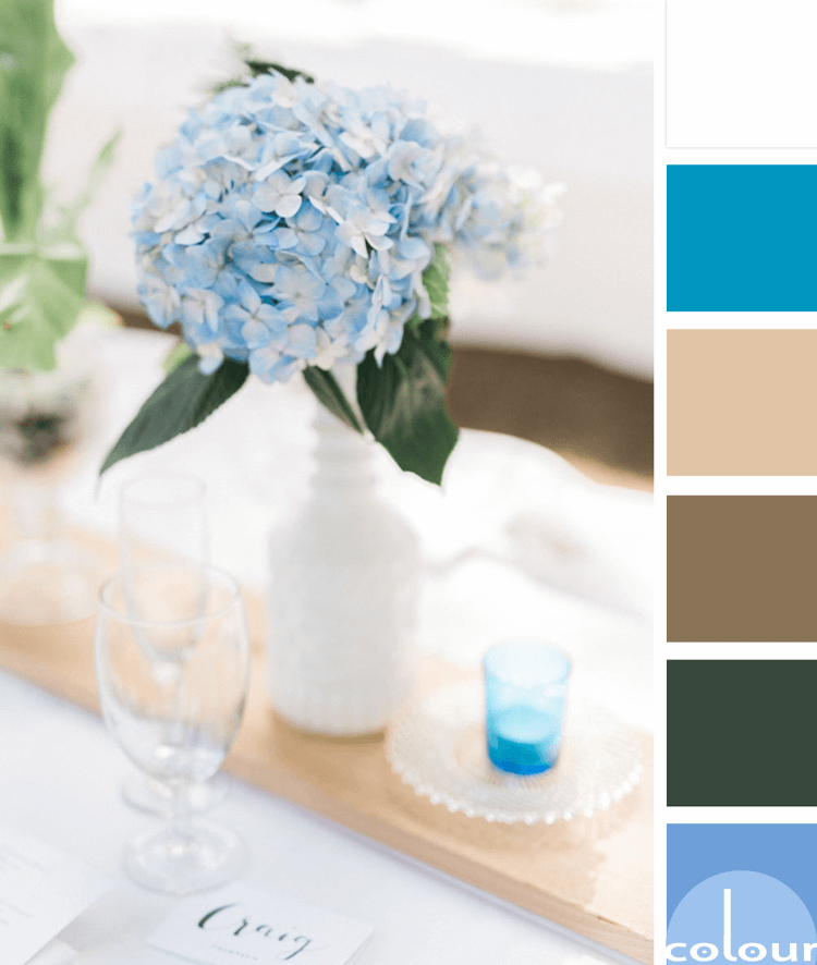 periwinkle centerpiece color palette, blue and white, periwinkle, dark green, blonde wood, bright blue, white table cloth