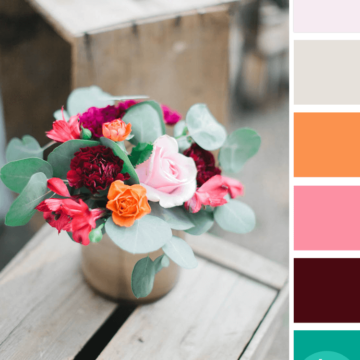 pink and green floral arrangement, blush pink, burgundy, hot pink, jade green, light pink, mint green, pale pink, rose, tangerine orange, warm grey, rustic wood crate, pink and green