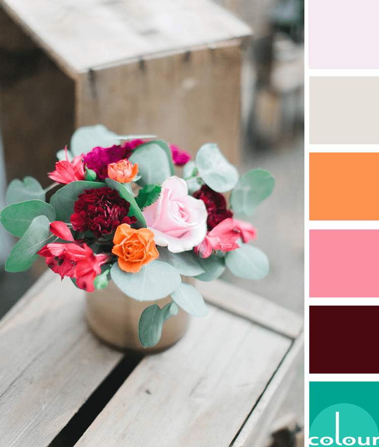 pink and green floral arrangement, blush pink, burgundy, hot pink, jade green, light pink, mint green, pale pink, rose, tangerine orange, warm grey, rustic wood crate, pink and green