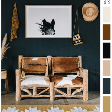 russet browm, black and white, blonde wood, olive greenmodern ranch, rustic interior design, rustic cottages, cowhide upholstery, log furniture, horse art, ochre, tribalcork flooring, dark teal, dark room rug,
