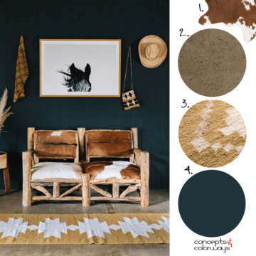 russet brown, black and white, blonde wood, olive green, modern ranch, rustic interior design, rustic cottages, cowhide upholstery, log furniture, horse art, ochre, tribal rug, cork flooring, dark teal, dark room