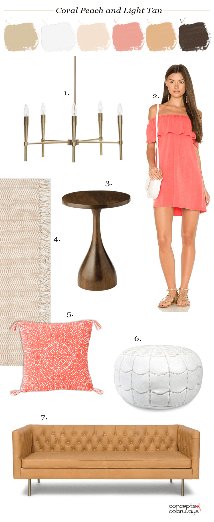 coral dress, coral peach, tan leather sofa, tan leather couch, peach pillow, peach throw pillows, coral pillows, coral throw pillows, gold modern chandelier, white moroccan pouf, leather pouf, moroccan pouf, jute rug, round side table, modern side table