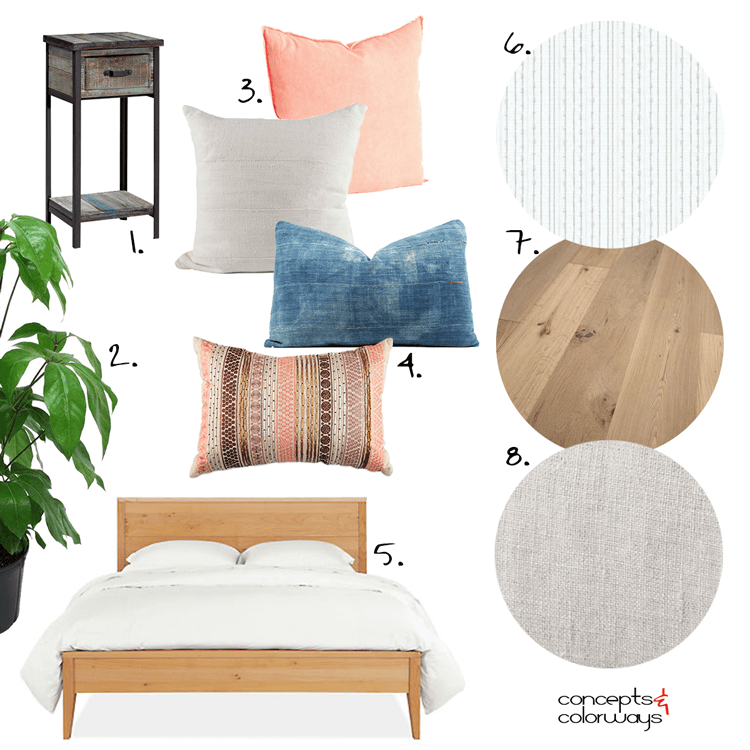 white bedroom, white bedroom ideas, rattan chairs, peach, indigo, peach pillow, indigo mudcloth, mudcloth pillow, white mudcloth, maple bed, indoor plants, french oak flooring, sheepskin throw, linen roman shades, white sheer curtains, bentwood chairs, pantone blooming dahlia